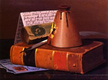 Inkwell And Plume On Old Book Artwork by John Frederick Peto