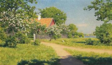 Flowering fruit trees by the red house Artwork by Johan Krouthén