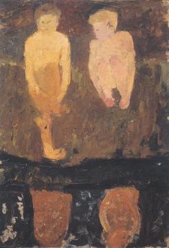 Two Naked Boys Squatting On The Shore Artwork by Paula Modersohn-Becker
