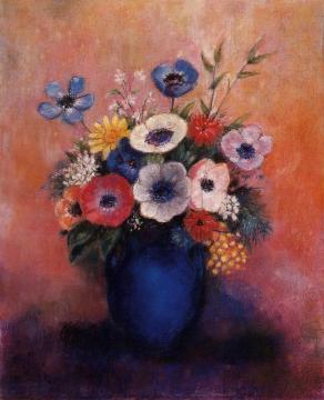 Bouquet of Flowers in a Blue Vase Artwork by Odilon Redon