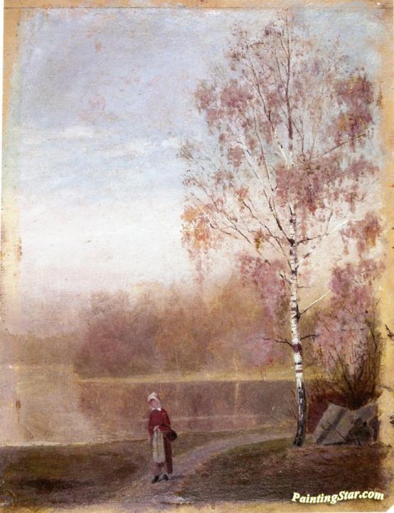 Landscape with Woman Walking by a Lake Artwork by Edvard Munch
