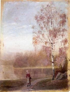 Landscape with Woman Walking by a Lake Artwork by Edvard Munch