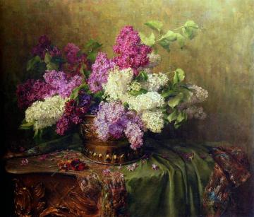 A Still Life With Lilacs And Violets On A Draped Guilt Rococo Table Artwork by Clara von Sievers