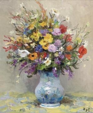 Wild Flowers On Yellow Table-cloth Artwork by Marcel Dyf