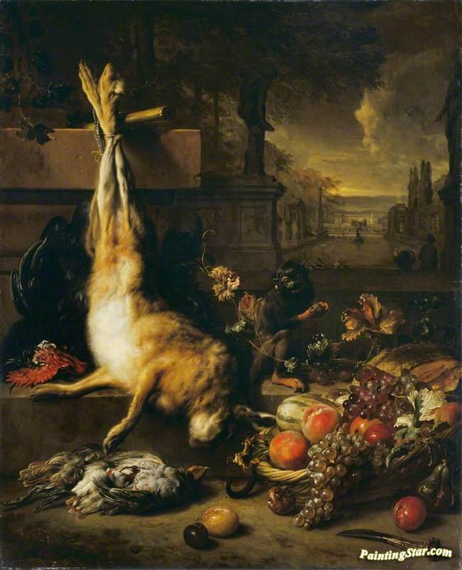 Dead Hare, Fruit And Monkey Artwork by Jan Weenix