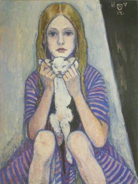 Girl With Cat Artwork by Johann Heinrich Vogeler