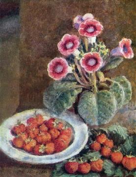 A flower in a pot and strawberries Artwork by Ilya Mashkov