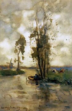 Fisherman In Polder Landscape Artwork by Johan Hendrik Weissenbruch