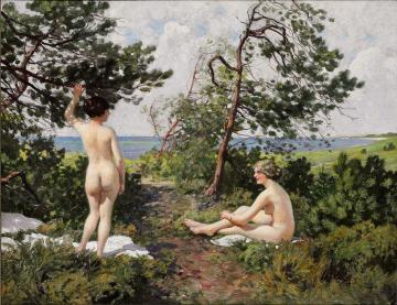 Two bathing girls in the bushes near the coast of Hornbæk Artwork by Paul Gustave Fischer