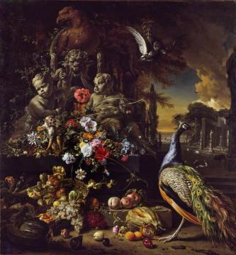 Flowers On A Fountain With A Peacock Artwork by Jan Weenix