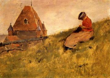 On the Cliff: A Girl Sewing Artwork by Theodore Robinson