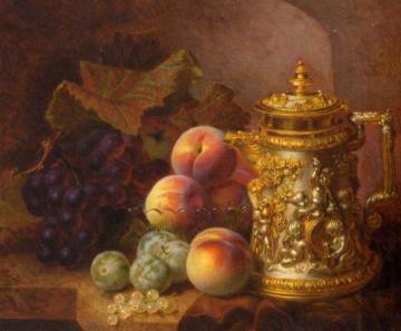 Black grapes, peaches, greengages and whitecurrants beside an ornamental gilded tankard Artwork by Eloise Harriet Stannard