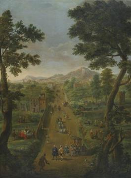 An Extensive Landscape with Carriages and Elegant Figures on a Road Artwork by Giovanni Paolo Pannini