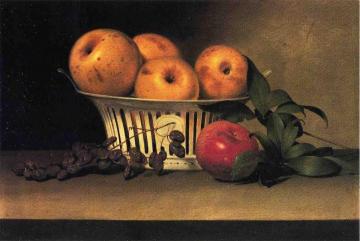 Still Life with Raisins, Yellow and Red Apples in Porcelain Basket Artwork by Raphaelle Peale
