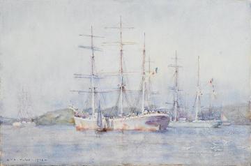 Two French barques at their anchorage in Carrick Roads Artwork by Henry Scott Tuke