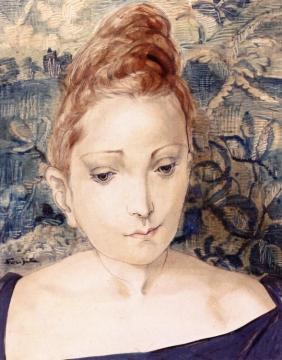 Woman with a Tapestry Artwork by Tsuguharu Foujita