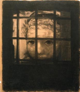 Wreathed Head Behind Bars Artwork by Odilon Redon