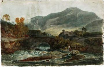 A Single-Arched Stone Bridge and a Cottage, with possibly Aran Fawddwy Behind Artwork by Joseph Mallord William Turner