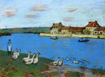 Geese along the Loing River Artwork by Alfred Sisley
