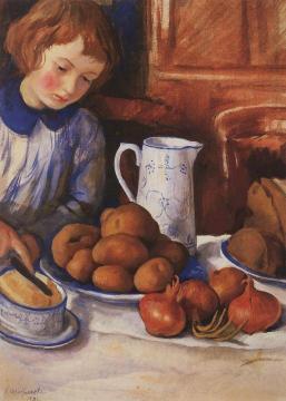 Katya At The Kitchen Table Artwork by Zinaida Serebriakova