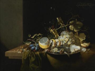 Still Life of Hazelnuts, Grapes, Oysters and other Foods on a Drapped Table Artwork by Laurens Craen