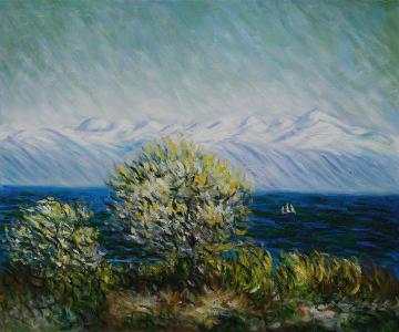 View of the Bay at Antibes and Maritime Alps Artwork by Claude Oscar Monet