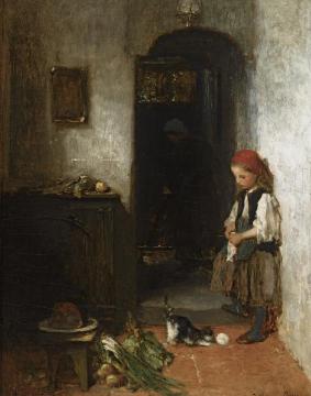 A Girl with a Playing Kitten Artwork by Jacob Maris