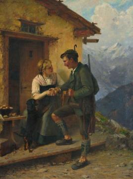 Hunter visiting the dairymaid Artwork by Theodore Kleehaas