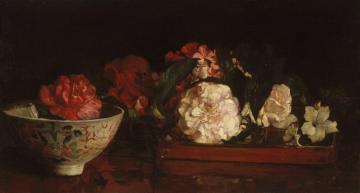 Flowers In A Japanese Tray On Mahogany Table Artwork by John La Farge