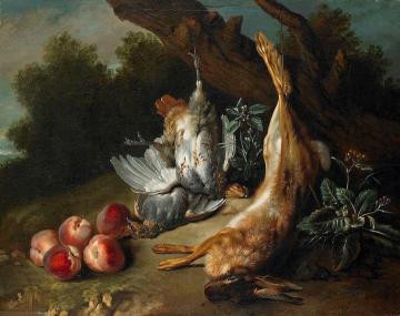 Still Life with Dead Game and Peaches in a Landscape Artwork by Jean-Baptiste Oudry