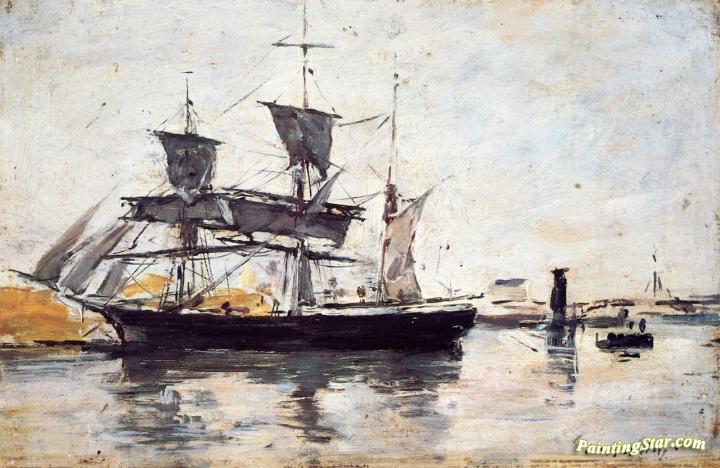 Three Masted Ship at Dock Artwork by Eugène-Louis Boudin