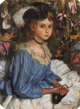 Katya in blue dress by a Christmas tree Artwork by Zinaida Serebriakova