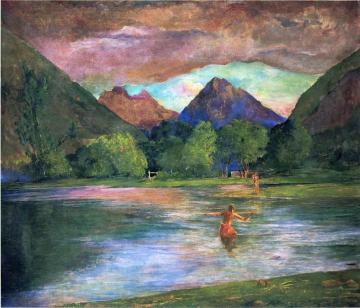 The Entrance to Tautira River, Tahiti. Fisherman Spearing a Fish Artwork by John La Farge