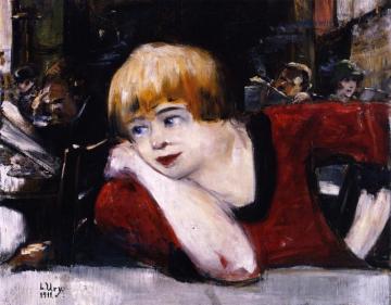 At The Café, Woman In Red Artwork by Lesser Ury