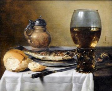 Still Life with Jug, Wine Glass, Herring and Bread Artwork by Pieter Claesz