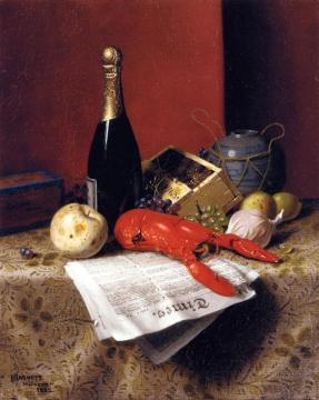 Still Life With Lobster, Fruit, Champagne And Newspaper Artwork by William Michael Harnett