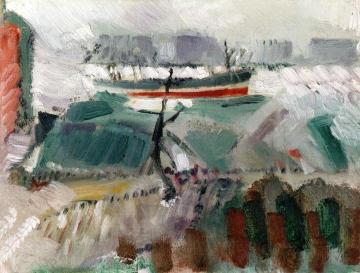 Docks, Boat, and City Skyline Artwork by John Marin