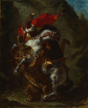 Arab Horseman Attacked by a Lion Artwork by Eugène Delacroix