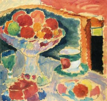 Still Life with Fruit Stand, Bohemian Glass and Empire Cup Artwork by Alexej Jawlensky