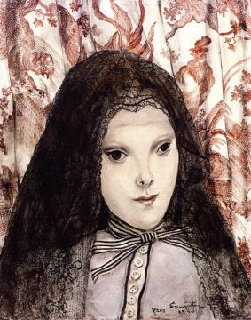 Young Woman with Mantilla and Striped Bow Artwork by Tsuguharu Foujita