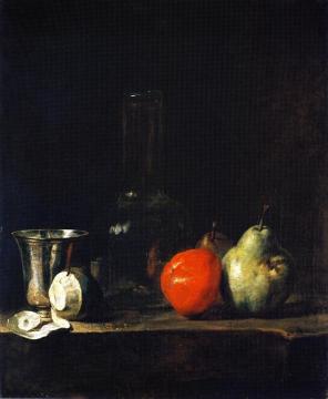 Carafe of Water, Silver Goblet, Peeled Lemon, Apple and Pears Artwork by Jean-Baptiste-Simeon Chardin