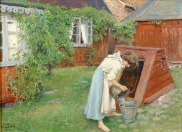 Scene from garden in Båstad, girl fetching water Artwork by Paul Gustave Fischer