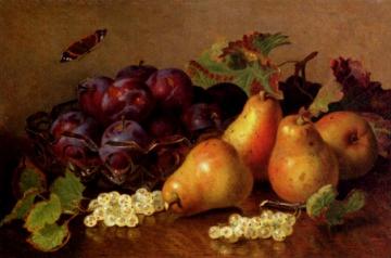 Still Life With Pears, Plums In A Glass Bowl And White Currants On A Table Artwork by Eloise Harriet Stannard