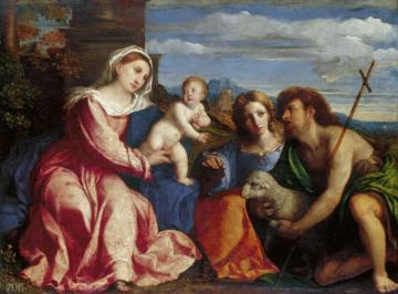 The Virgin And Child With Saints Catherine And John The Baptist Artwork by Palma Vecchio