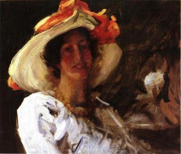 Portrait of Clara Stephens Wearing a Hat with an Orange Ribbon Artwork by William Merritt Chase