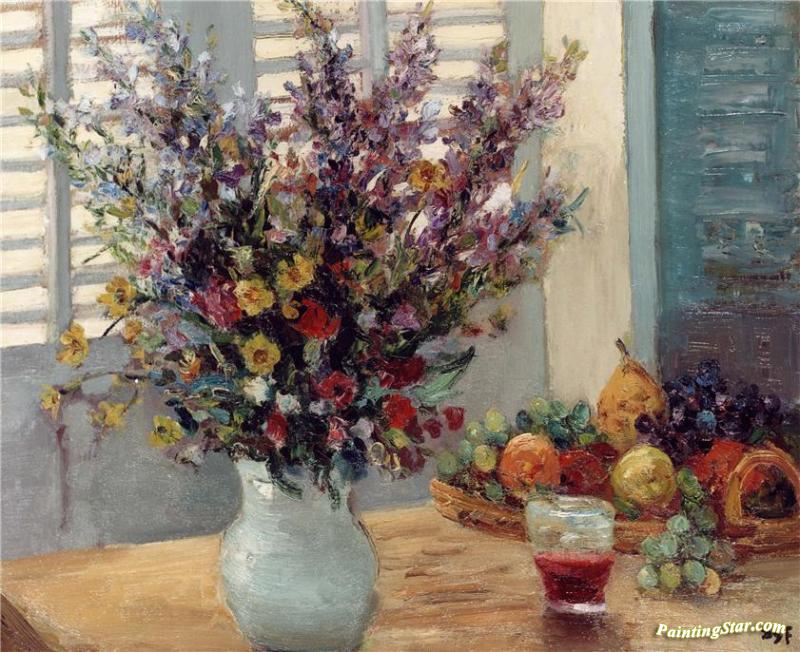 Vase Of Flowers And Fruit On A Table Artwork by Marcel Dyf