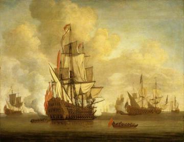 Calm:  An English Two-decker With Sails Loosed Firing A Salute Artwork by Willem van der Velde the Elder