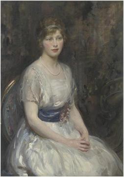 Portrait of a young lady in a white dress with blue sash Artwork by Walter Ernest Webster