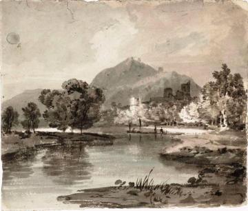 A River with a Ruined Castle among Trees and a Mountain Beyond Artwork by Joseph Mallord William Turner