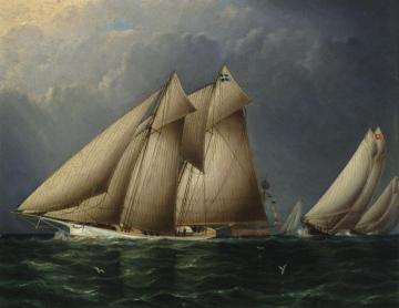 The Schooner Yacht 'Fenella' Rounding Sandy Hook Lightship with 'Estelle' Following Artwork by James E. Buttersworth